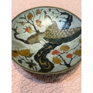 Vintage Cloisonné Enamel Trinket Dish Peacock Cherry Blossoms Brass Trim